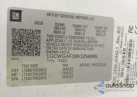 2019 Chevrolet Express 2500 Work Van from USA, damaged, VIN 1GCWGAF19K1256095